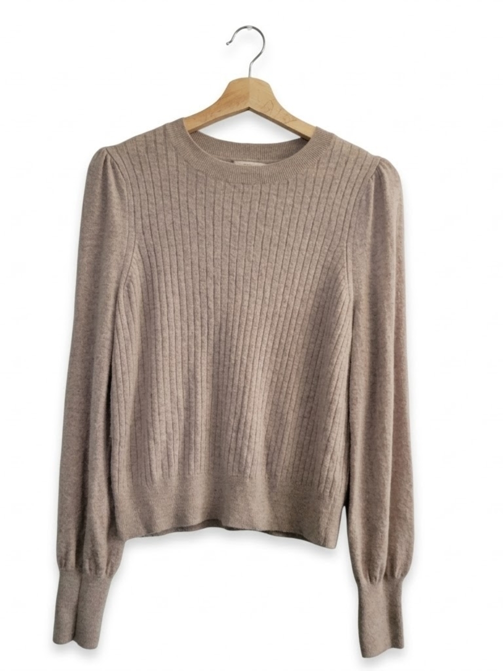 RW&CO. Sz L Ribbed Crewneck Cashmere Blend Puff Sleeve Sweater Taupe Fall Cozy